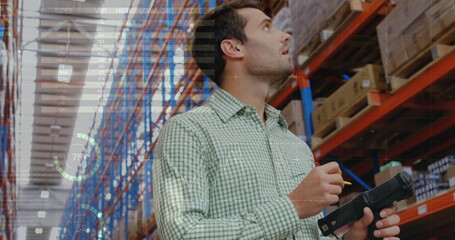 Image of data processing over caucasian warehouse worker