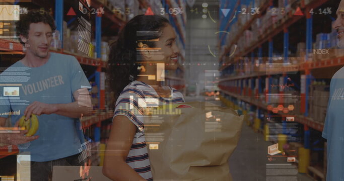 Image of data processing over diverse group of warehouse workers