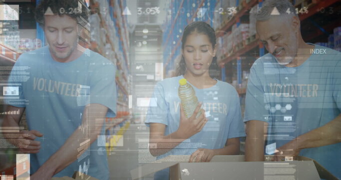 Image of financial graphs over diverse female and male warehouse workers