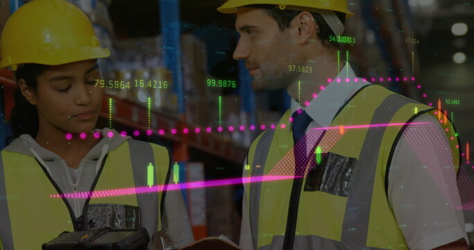 Image of financial graphs over diverse female and male warehouse workers