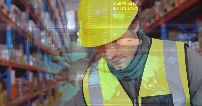 Image of data abstract over man working in warehouse