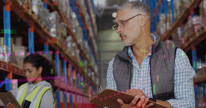 Image of data processing over diverse people working in warehouse - Powered by Adobe