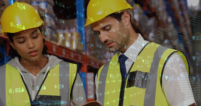 Stock market data processing over caucasian male and female supervisors discussing at warehouse
