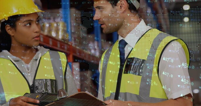 Stock market data processing over caucasian male and female supervisors discussing at warehouse
