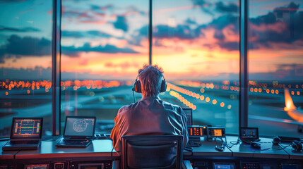 silhouette of an air traffi controller in the airport