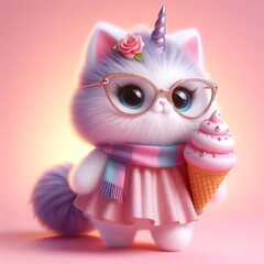 Obraz premium a cute caticorn wearing dress and cool fashion eyeglasses, holding a big ice cream, pastel background