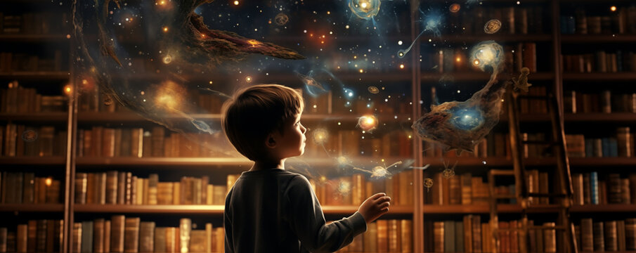 Children in the magic world of books, library concept, fantasy, generated ai