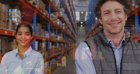 Statistical data processing over diverse two male and female supervisor smiling at warehouse