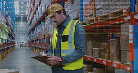 Image of data processing over people working in warehouse