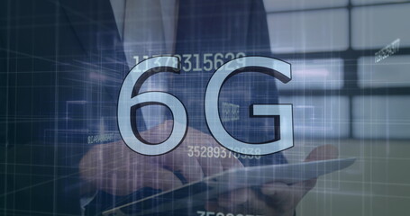 Image of changing numbers and 6g over caucasian businessman using tablet