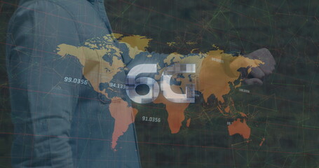 Image of 6g and world map over hands of caucasian businessman checking smartwatch