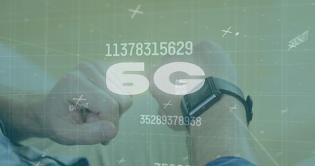 Image of 6g and numbers over hands of caucasian man using smartwatch