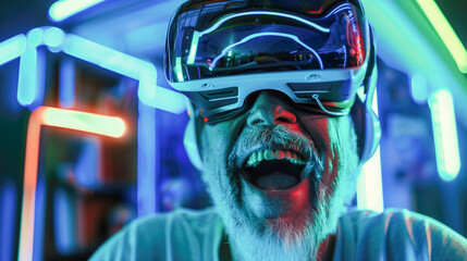 portrait of a happy senior person with vr googgles