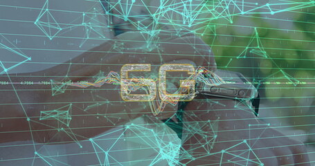 Image of 6g and numbers over hands of caucasian man checking smartwatch