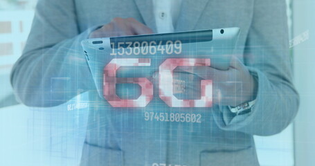 Image of 6g and numbers over hands of caucasian businessman using tablet