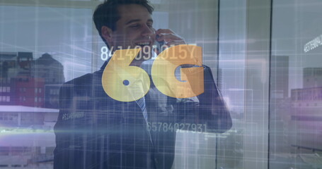 Image of 6g and numbers over happy caucasian businessman using smartphone