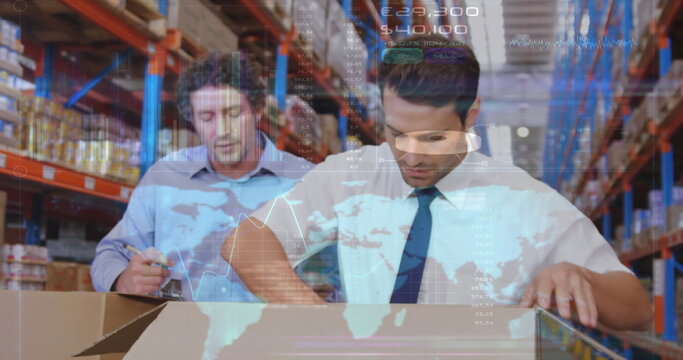Financial data processing over two caucasian male supervisors checking stocks at warehouse