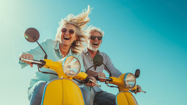 Happy senior couple riding a scooter - Powered by Adobe