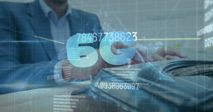 Image of 6g and digital padlock over hands of caucasian businessman using laptop