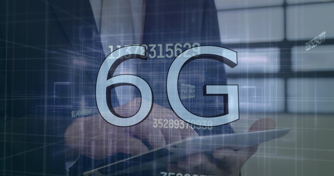 Image of changing numbers and 6g over caucasian businessman using tablet