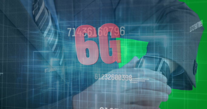 Image of changing numbers and 6g over hands of caucasian businessman using smartwatch - Powered by Adobe