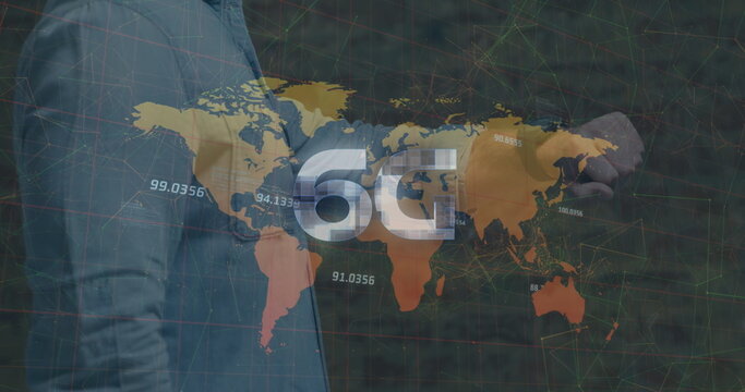 Image of 6g and world map over hands of caucasian businessman checking smartwatch - Powered by Adobe