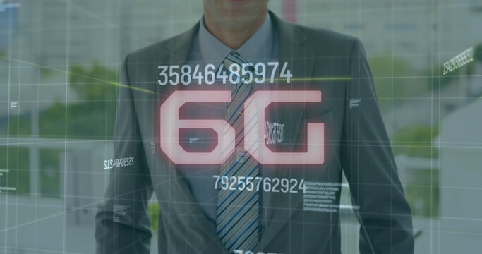 Image of changing numbers and 6g over midsection of caucasian businessman