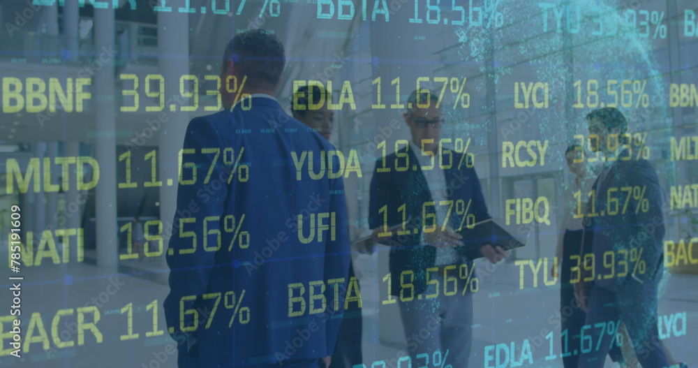 Poster image of statistics and data processing over businessmen