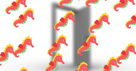 Image of pink movies seahorses over open door