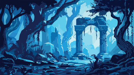 Mystical forest filled with ancient ruins 