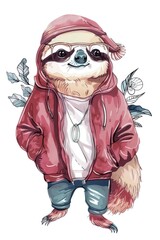 Naklejka premium Illustration of a sloth donning urban streetwear, complete with a red hoodie