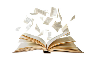 Open book with flying pages isolated on a transparent background