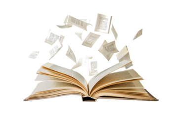 Open book with flying pages isolated on a transparent background