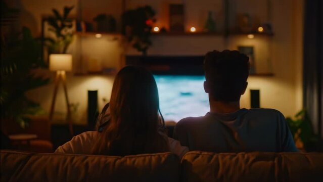 Romantic couple watch tv together at home. Modern television. Cozy living room interior background. Cute happy people enjoy interesting movie back view. Online cinema concept. Fun evening leisure.
