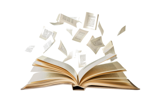 Open book with flying pages isolated on a transparent background