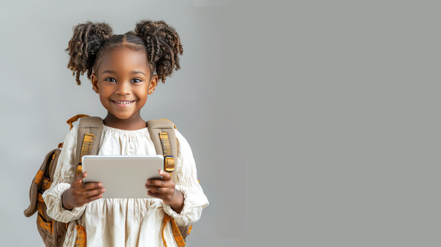 African school girl holding tablet with backpack, student, technology, education