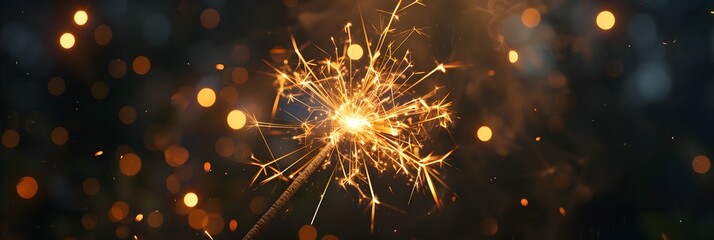 Naklejka premium Sparkling Golden Incense Sparkler Firework Exploding in Darkness Close-up Festival Celebration