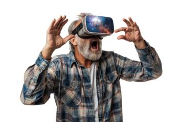 Senior man wearing virtual reality goggles isolated on a transparent background