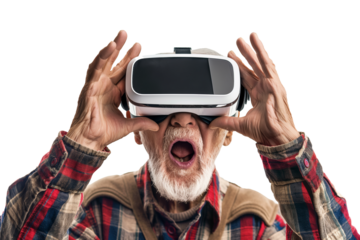 Senior man wearing virtual reality goggles isolated on a transparent background