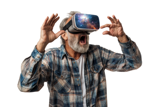 Senior man wearing virtual reality goggles isolated on a transparent background