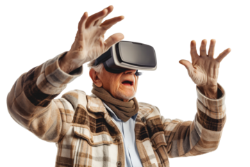 Senior man wearing virtual reality goggles isolated on a transparent background