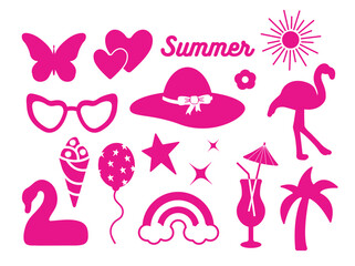 Popular pink collection for summer. cocktail, daisy, rainbow, butterfly, star. logo, sticker, isolated elements on a white background. for holiday, print, banner. art vector illustration. barbie