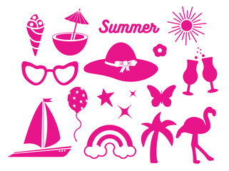 Popular pink collection for summer. cocktail, daisy, rainbow, butterfly, star. logo, sticker, isolated elements on a white background. for holiday, print, banner. art vector illustration. barbie  