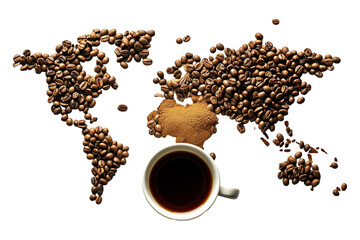 World map made of roasted coffee beans with a cup of coffee isolated on a transparent background,...