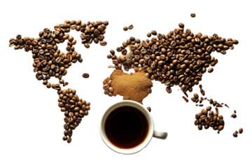 World map made of roasted coffee beans with a cup of coffee isolated on a transparent background, top view