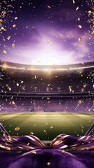 Lavender background, lights and golden confetti on the lavender background, football stadium with spotlights, banner for sports events