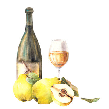 watercolor wine bottle, glass, yellow quince clip art preview