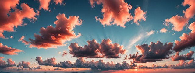 Dreamy big puffy clouds sky of red color in the setting sun. Beautiful landscape blue sky cloud background and Panorama of sky wallpaper