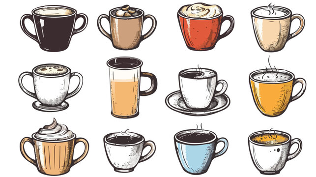 Of hand-drawn pictures of coffee cups Flat vector isolated