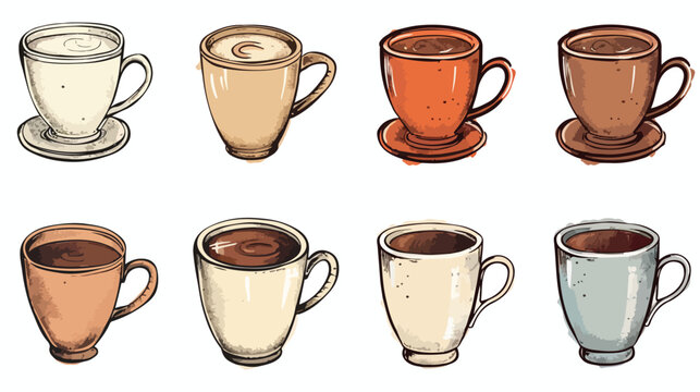 Of hand-drawn pictures of coffee cups Flat vector isolated